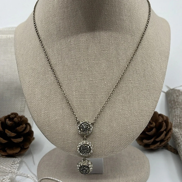 Vintage Sterling Silver Marcasite & CZ's 3 Disk Drop Lavaliere Necklace 17-20" - Picture 4 of 10
